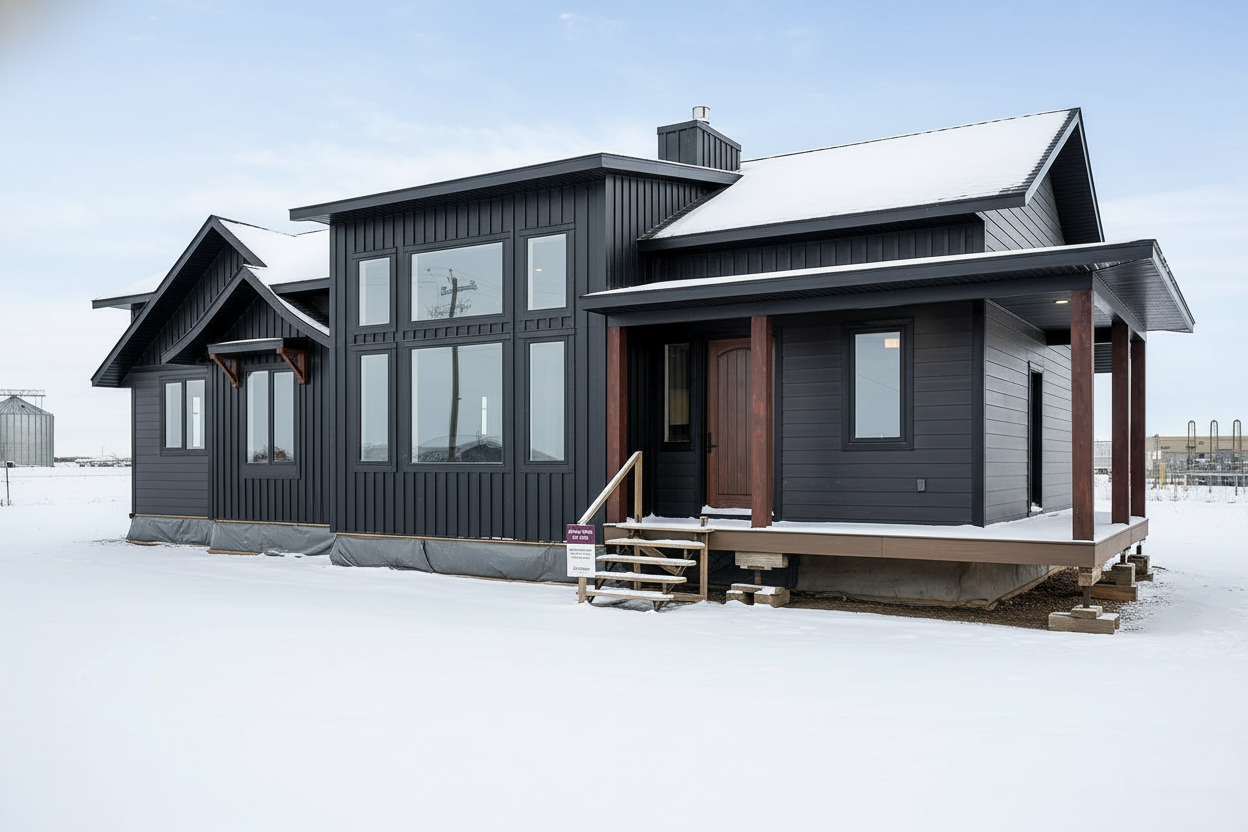 Modern black house with large windows and a covered porch, set in a snowy landscape. The sky is clear, creating a calm, minimalist scene.