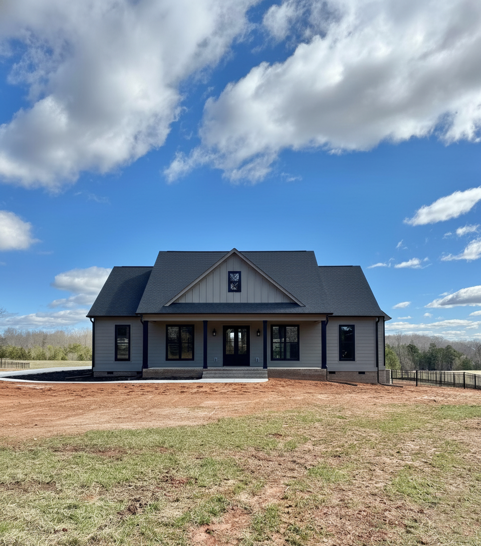 Single-story house with a dark gray roof sits on a grassy plot under a bright blue sky scattered with fluffy clouds, conveying a serene atmosphere.