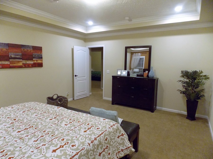 Spacious bedroom with beige walls and carpet, featuring a patterned bedspread. A dresser with a mirror and indoor plant add cozy elements. Mood is calm.