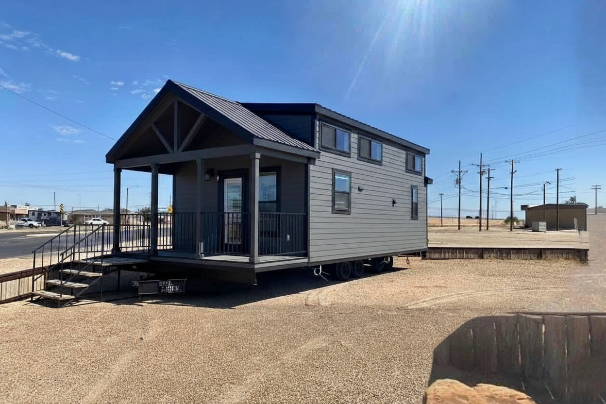 A gray tiny house with a peaked roof sits on a trailer in a sunny, open area. The veranda has railings, with stairs leading down. The scene is bright and peaceful.