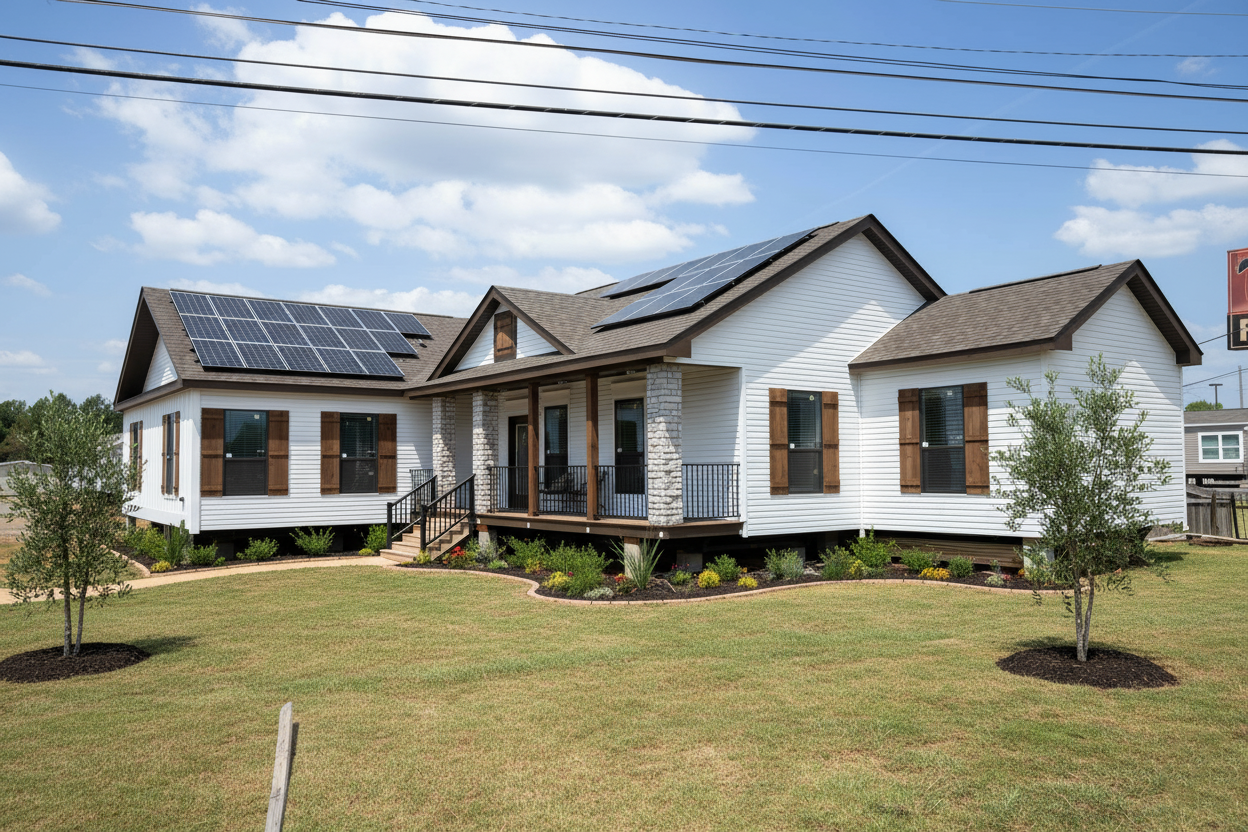 A modern white house with solar panels on a gabled roof, wooden shutters, and a porch. Surrounded by a neatly landscaped lawn under a blue sky.