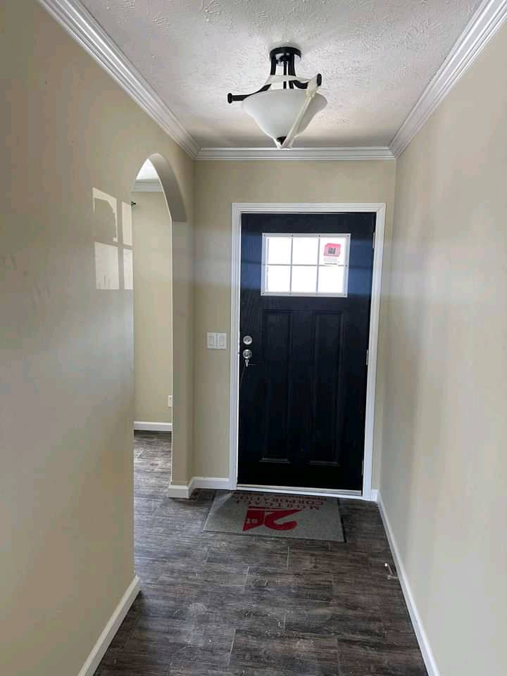 Narrow hallway with beige walls, dark wood-like floor, and black front door with window panes. A minimalist ceiling light adds a modern touch.