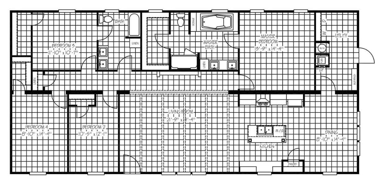 A detailed floor plan of a house featuring three bedrooms, two bathrooms, a spacious living room, and an open kitchen with dining area. Grid lines show proportions.