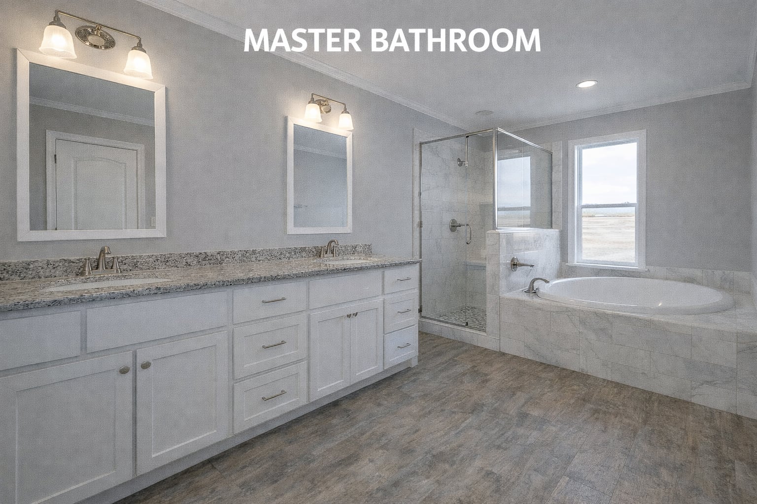 Luxurious master bathroom with dual sinks, granite countertops, and lit mirrors. Features a glass shower and corner bathtub, exuding elegance and comfort.