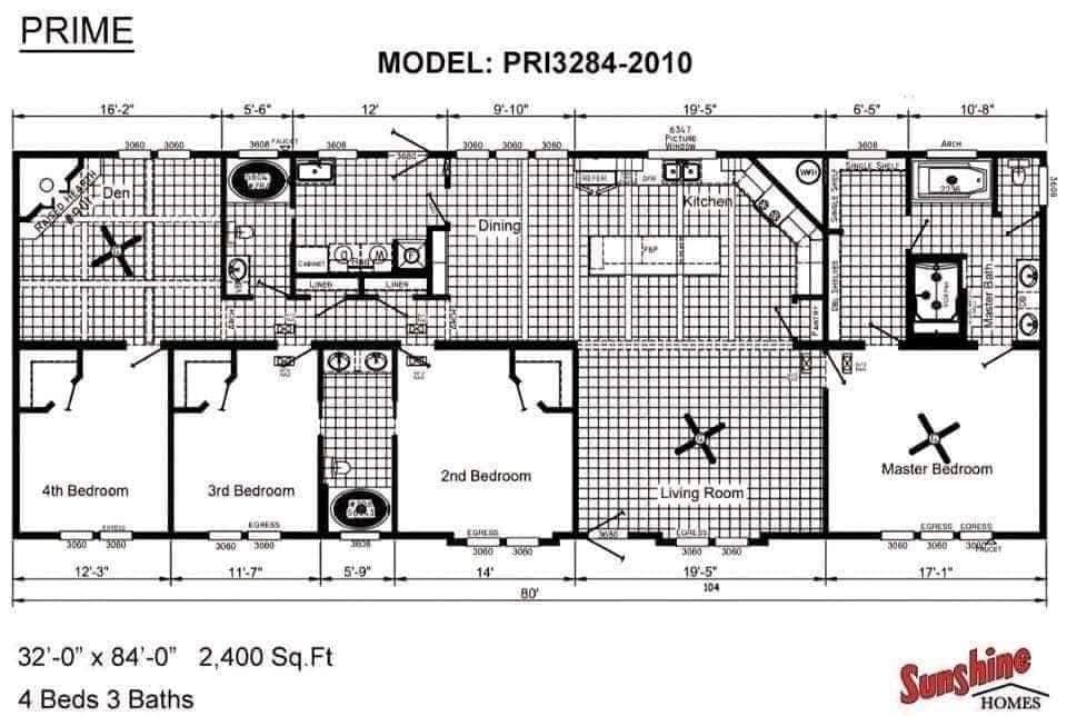 Floor plan for a 4-bedroom, 3-bathroom home model PRI3284-2010. Features include a kitchen, dining area, living room, and master suite. Total area is 2,400 sq ft.
