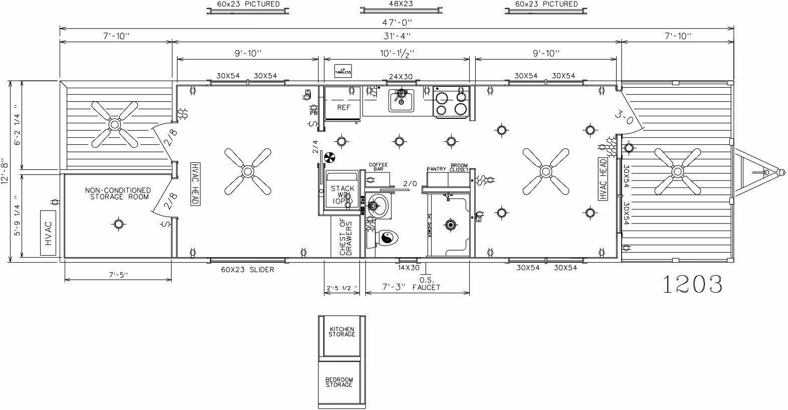 Architectural floor plan of a rectangular structure, showing two central rooms with ceiling fans, kitchen, and washrooms, surrounded by decks.