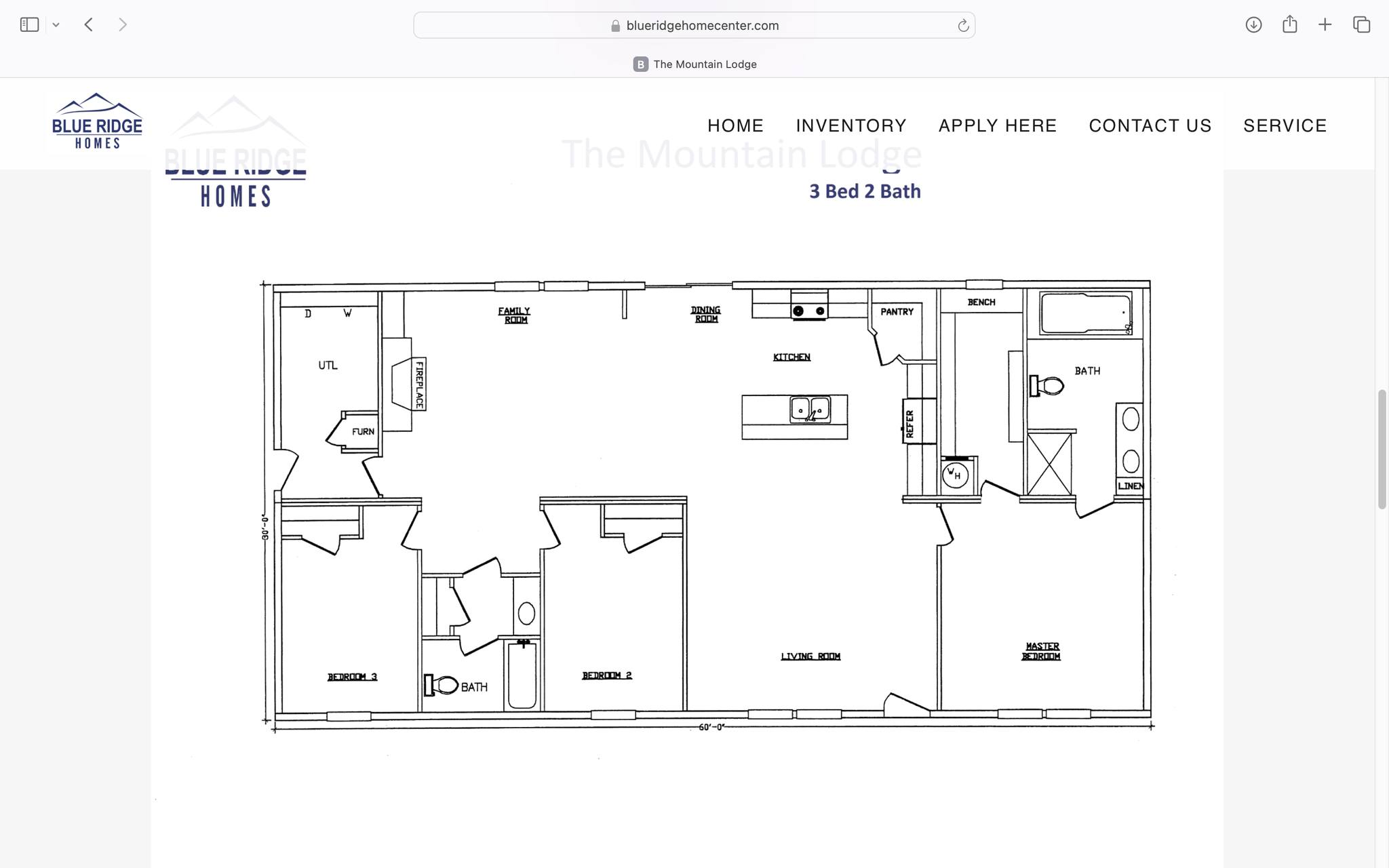 Floor plan of a three-bedroom, two-bath home. It includes a kitchen, living room, utility room, pantry, and master bedroom. The layout is rectangular.