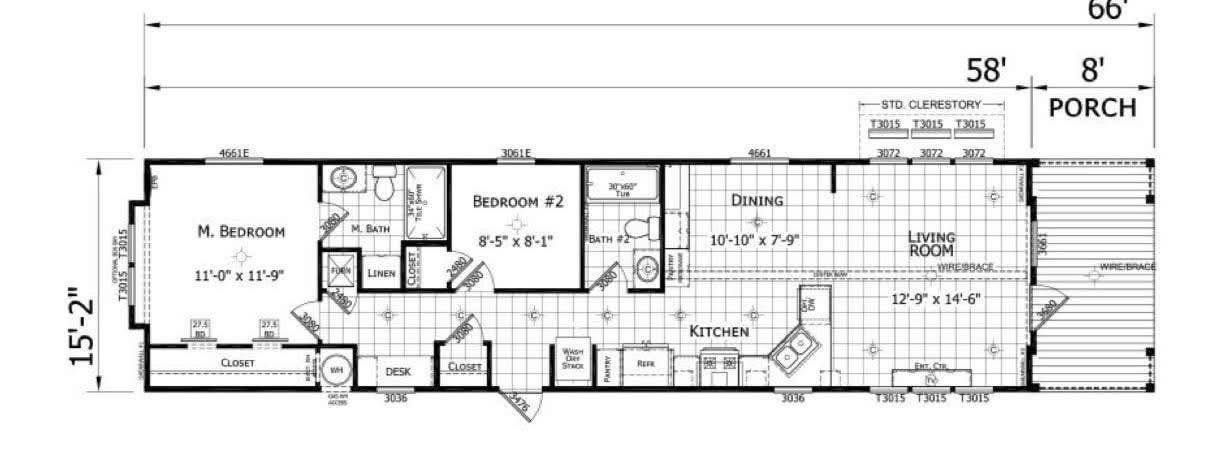 Floor plan of a rectangular home, 66x15'2". Includes a master bedroom with an en-suite bathroom, a second bedroom, bathroom, kitchen, dining, living room, and porch.