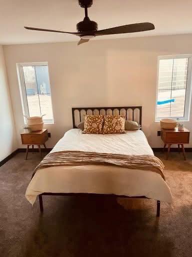 A cozy bedroom features a neatly made bed with floral pillows and a striped throw blanket, flanked by wooden side tables. Two windows provide natural light.