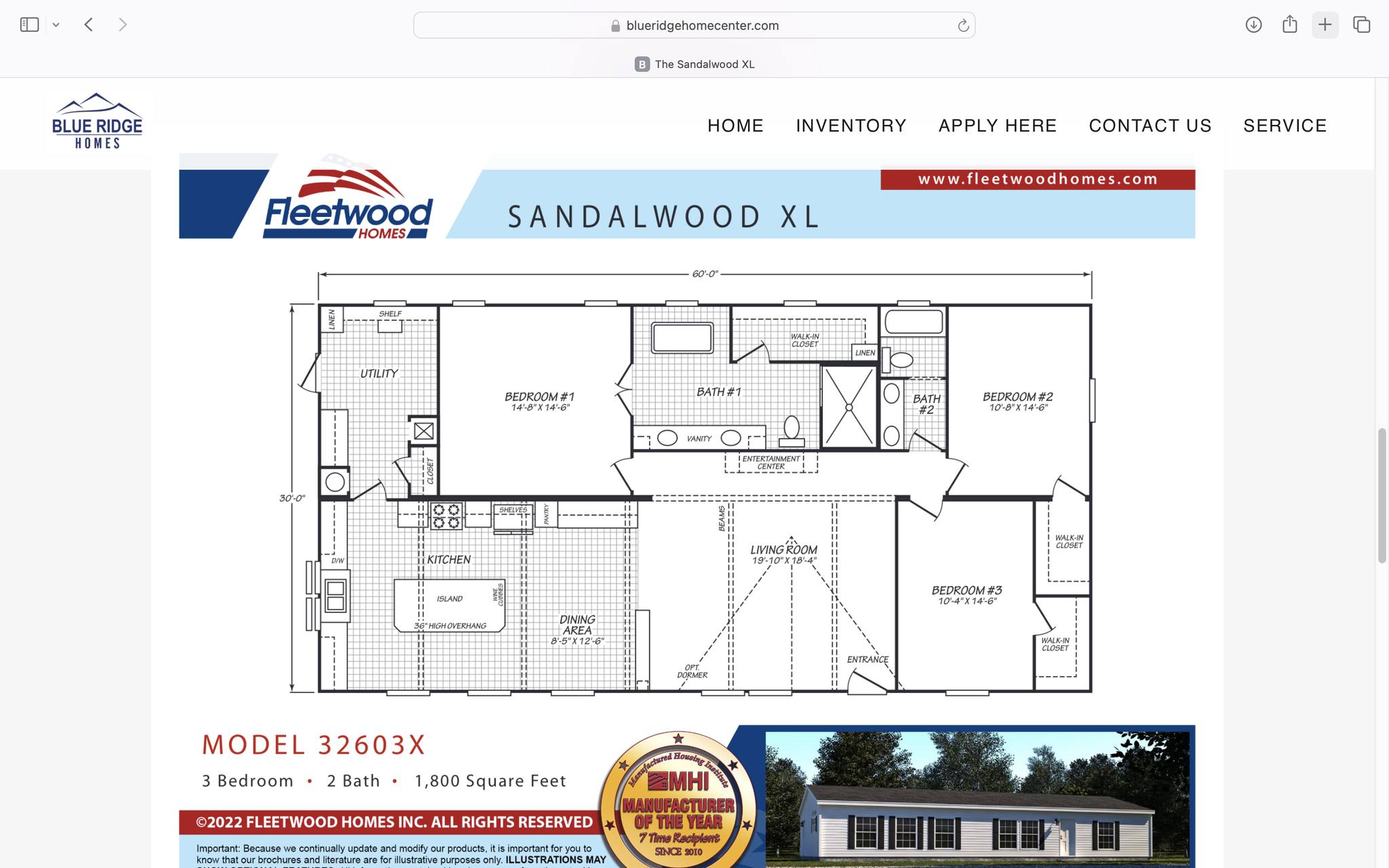 Floor plan of the Sandalwood XL home model by Fleetwood Homes, showing three bedrooms, two bathrooms, a utility room, and an open kitchen-living area.
