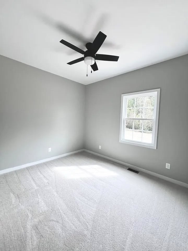 Empty room with gray walls and light carpet. A black ceiling fan is centered above, and sunlight streams through a window, creating a calm atmosphere.