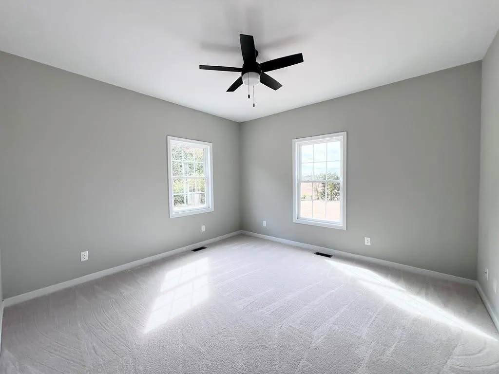 A bright, empty room with light gray walls and white trim, featuring two windows letting in sunlight. A black ceiling fan is centered on the white ceiling.