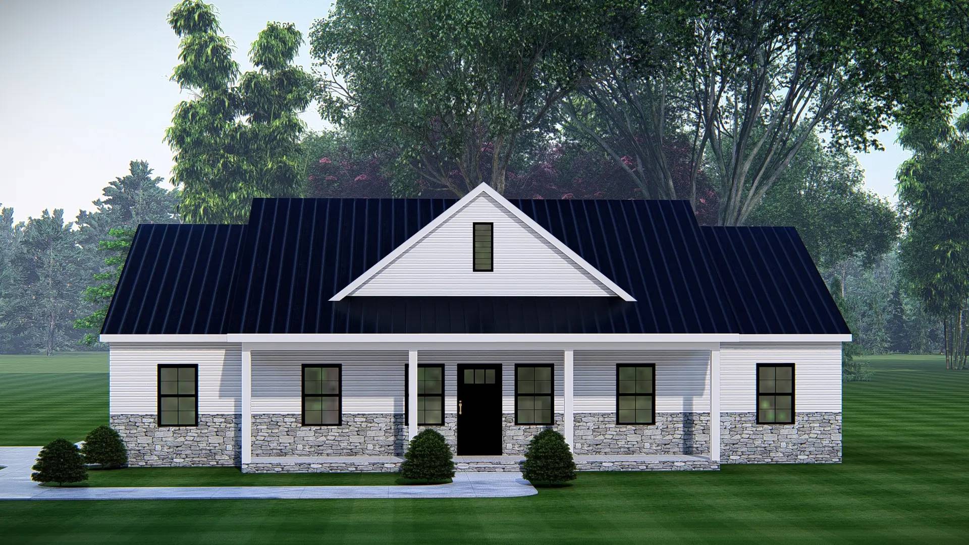 A single-story house with a black gable roof, white siding, and stone accents. It features a front porch and is surrounded by lush green trees and lawn.