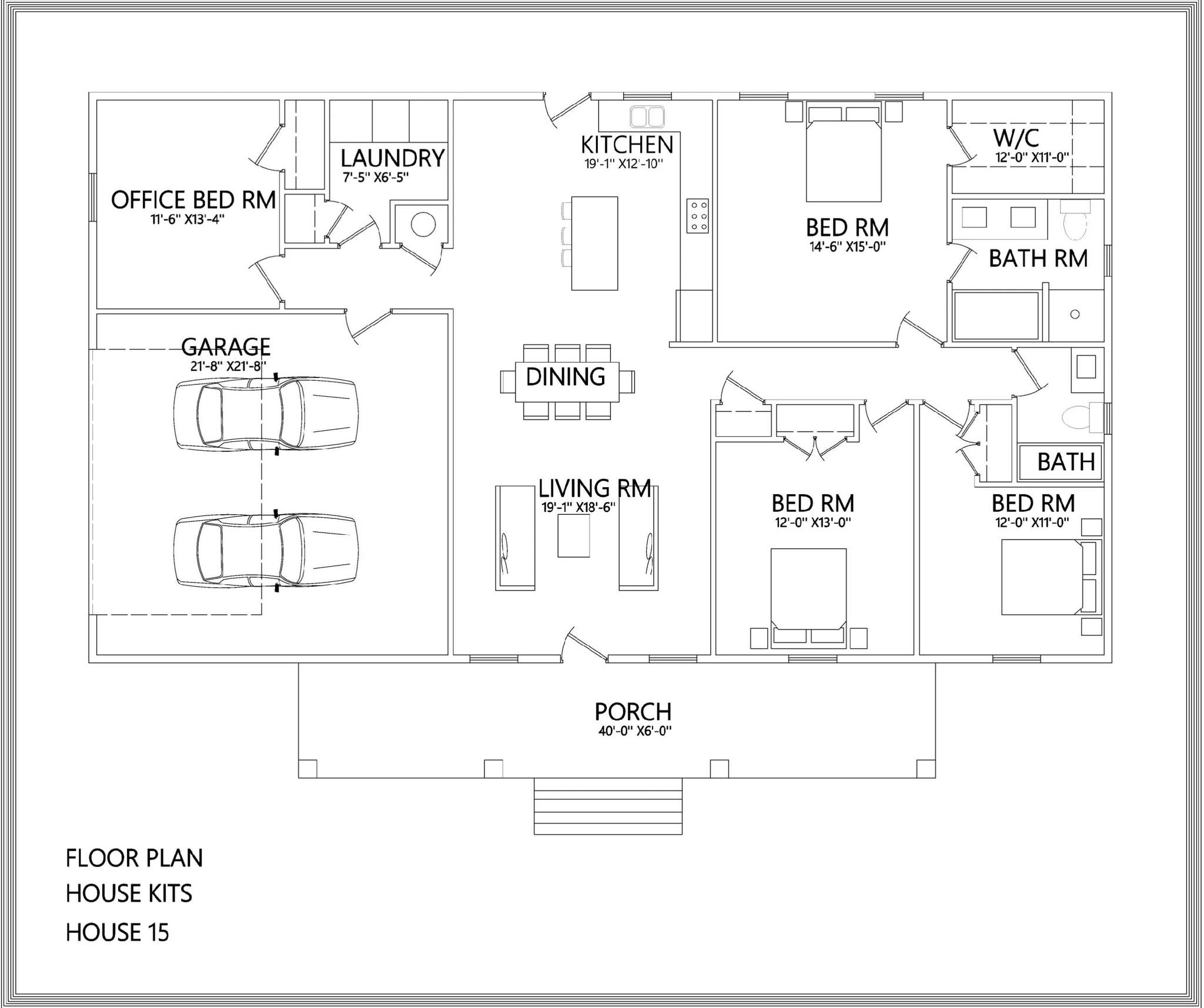 Floor plan of a single-story house showing a porch, living room, dining area, kitchen, three bedrooms, office/bedroom, two bathrooms, laundry room, and a two-car garage.
