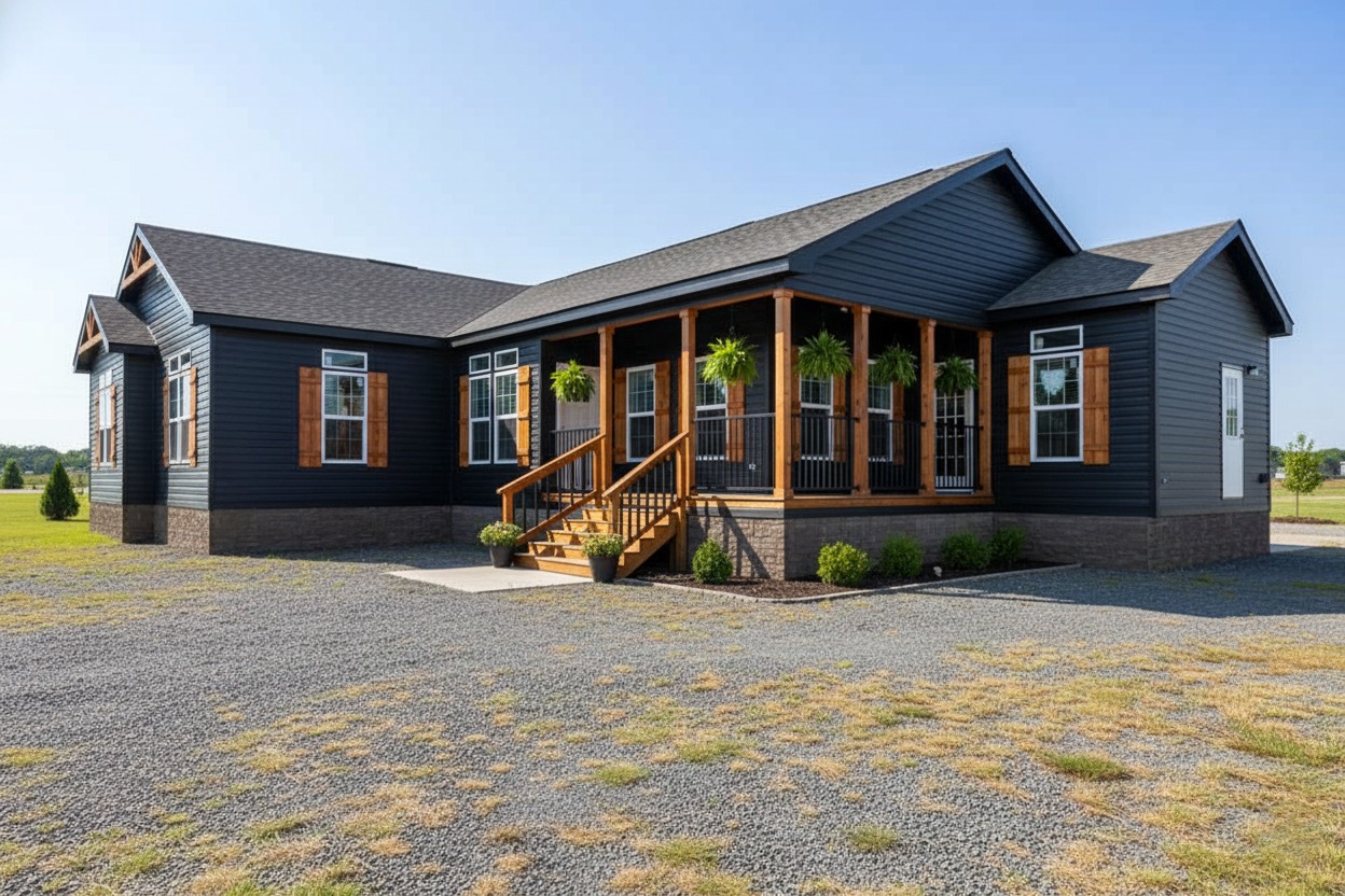 Modern, single-story gray house with brown wooden accents, a spacious front porch, and green plants. Surrounded by gravel and open grassy field.