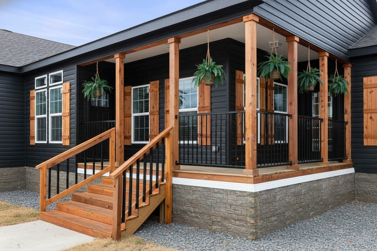 A modern porch with black siding and stone base features wooden pillars, hanging ferns, and large windows. The atmosphere is welcoming and rustic.
