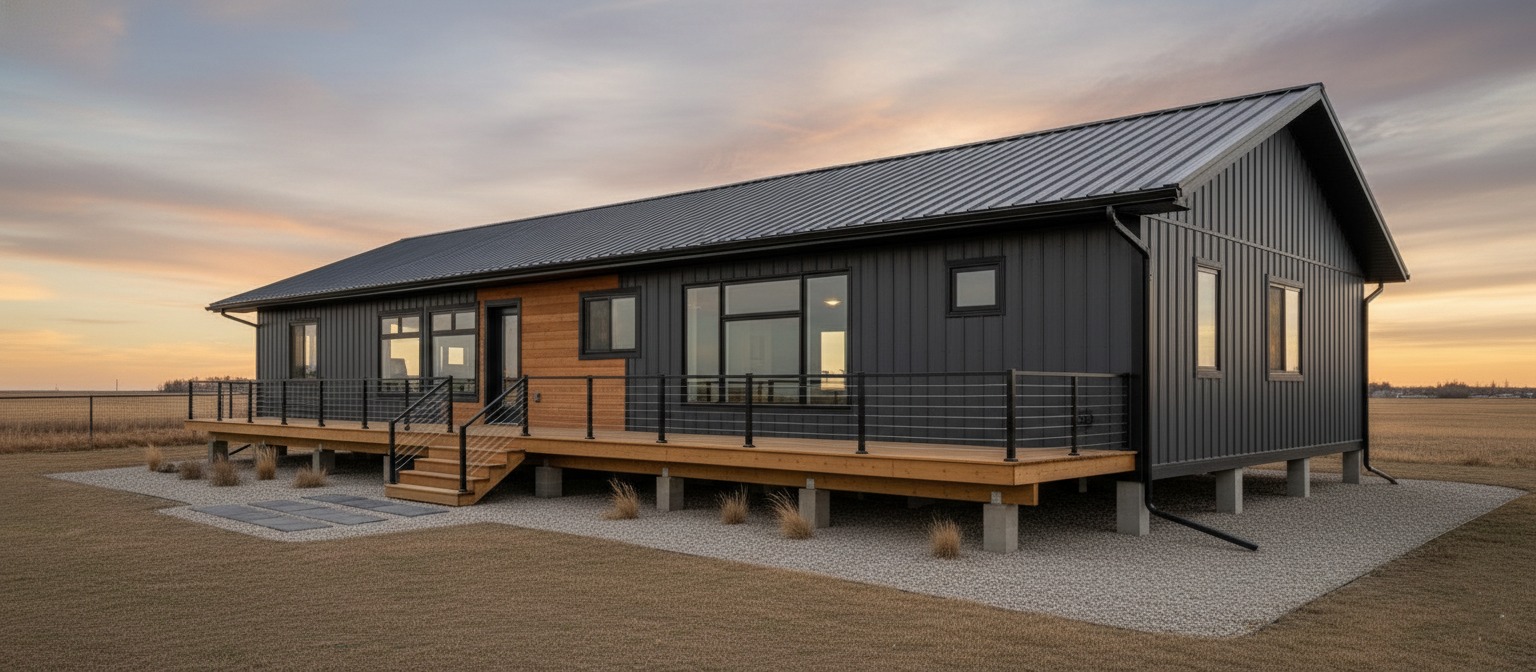 Modern black and wood house with large windows, set on open grassland at sunset. A calm, serene atmosphere envelops the scene.