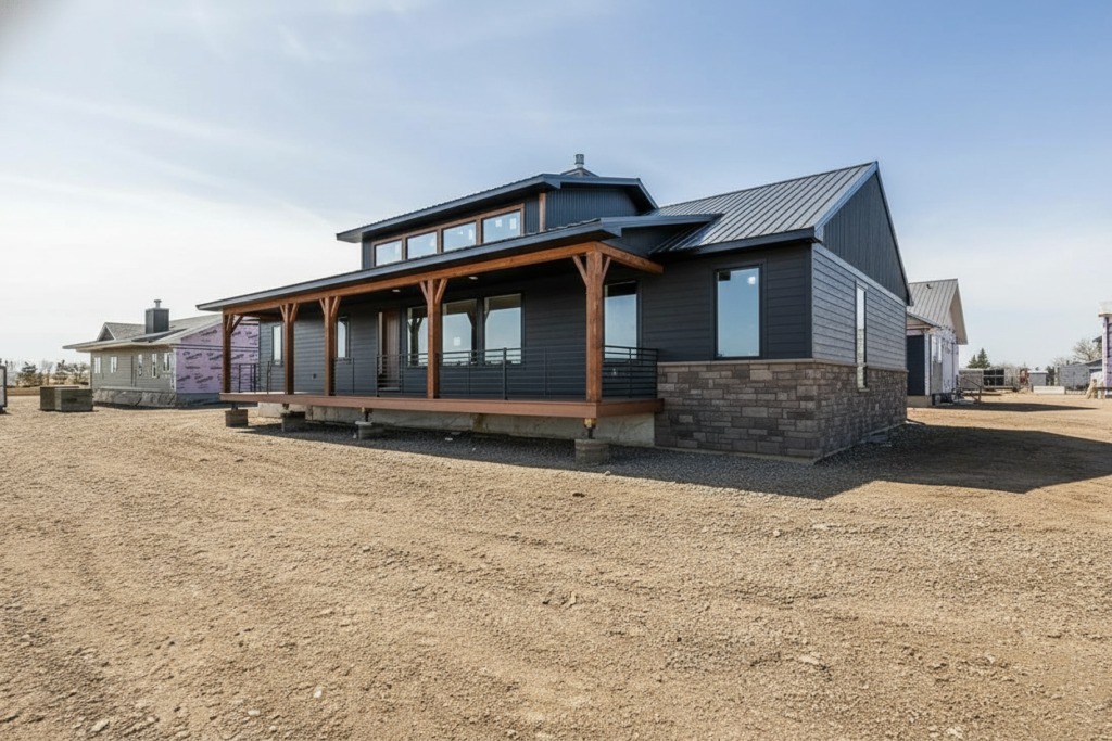 Modern, single-story house with gray siding and stone accents, featuring a wooden porch and large windows, set on a barren dirt lot under a clear sky.