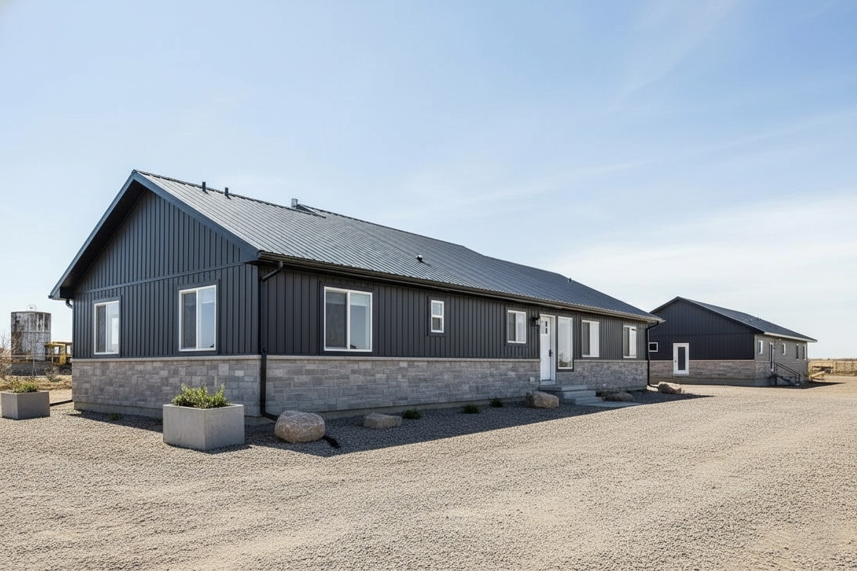 Two modern, single-story buildings with dark siding and gray brick accents stand on a gravel lot under a clear blue sky, conveying a sense of openness.