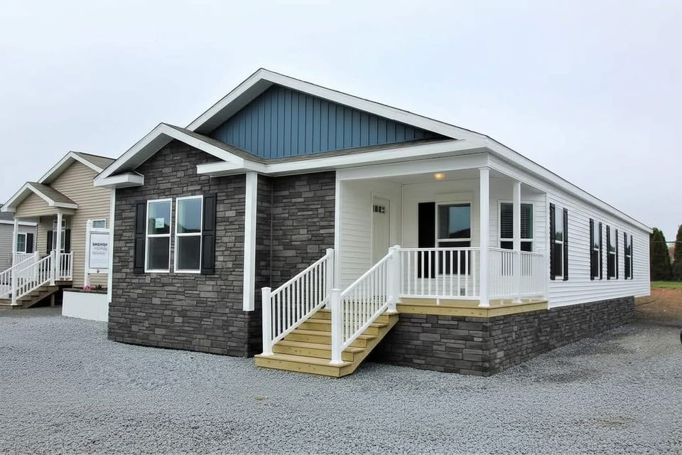 Modern modular home with a stone facade, white porch, and blue gable. Gravel surroundings and neighboring homes in the background. Bright, inviting atmosphere.