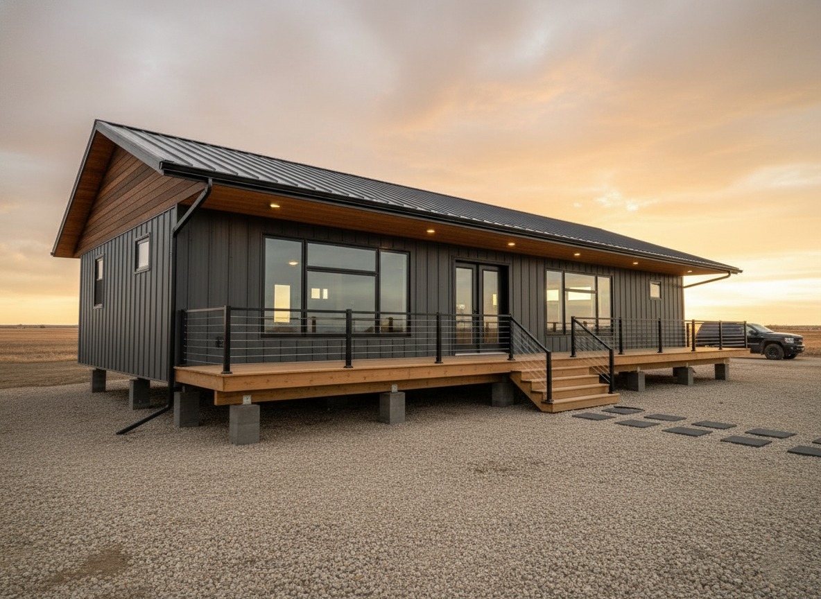 Modern single-story house with a gray facade and wooden accents, set against a sunset sky. It features a wraparound porch and a gravel path.