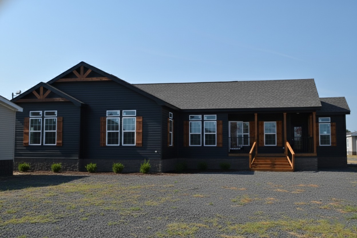Single-story house with dark siding, large windows with wooden shutters, and a covered porch. The setting is sunny with a gravel yard in front.