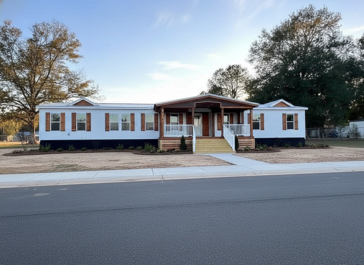 Wide single-story mobile home with wooden shutters and front porch. It's set in a suburban area with trees, under a clear sky, conveying a peaceful tone.