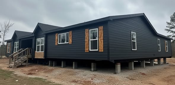 A modern black modular home stands elevated on concrete blocks, featuring white double-pane windows with wooden shutters, under an overcast sky.