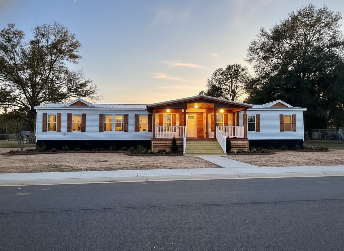 A spacious white manufactured home with a warm, lit porch sits against a twilight sky. Trees surround the house, creating a serene, inviting atmosphere.