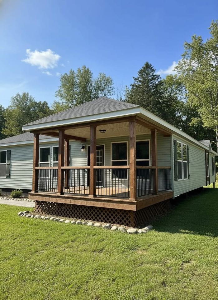 A quaint light blue house with a wooden porch and railing, set amidst lush green grass and trees. The sky is clear, exuding a tranquil, sunny vibe.