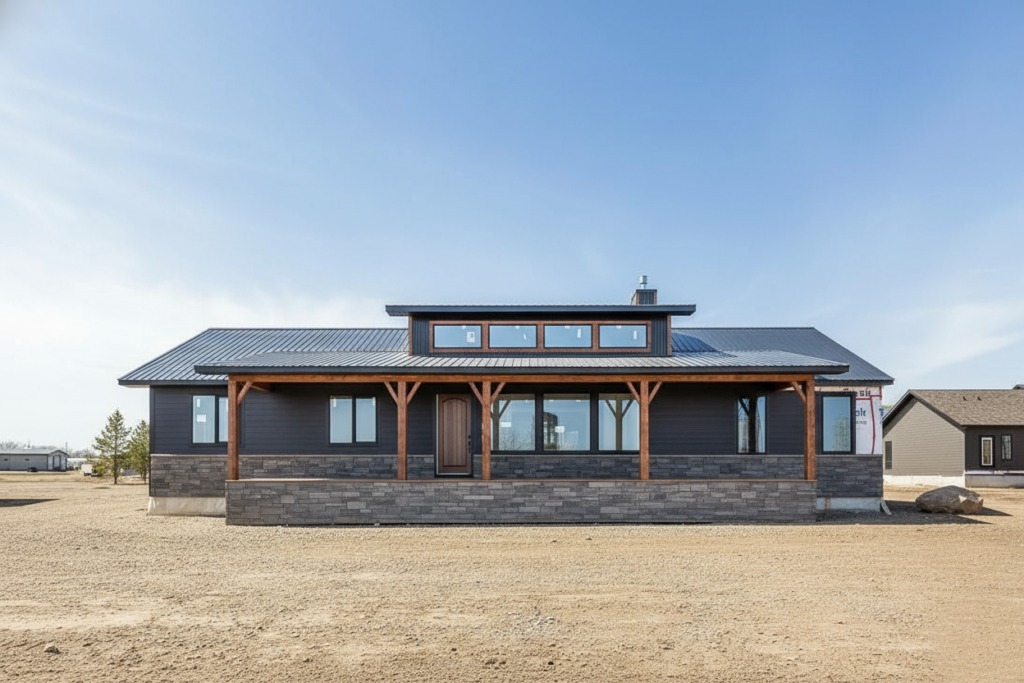 A modern, single-story house with dark siding, wooden accents, and a metal roof under a clear blue sky. The rustic setting suggests tranquility.