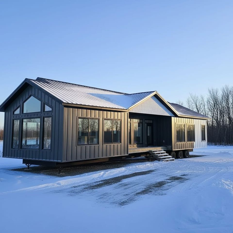 A modern, mobile tiny house with large windows sits on a snow-covered field under a clear blue sky, evoking a serene and peaceful winter atmosphere.