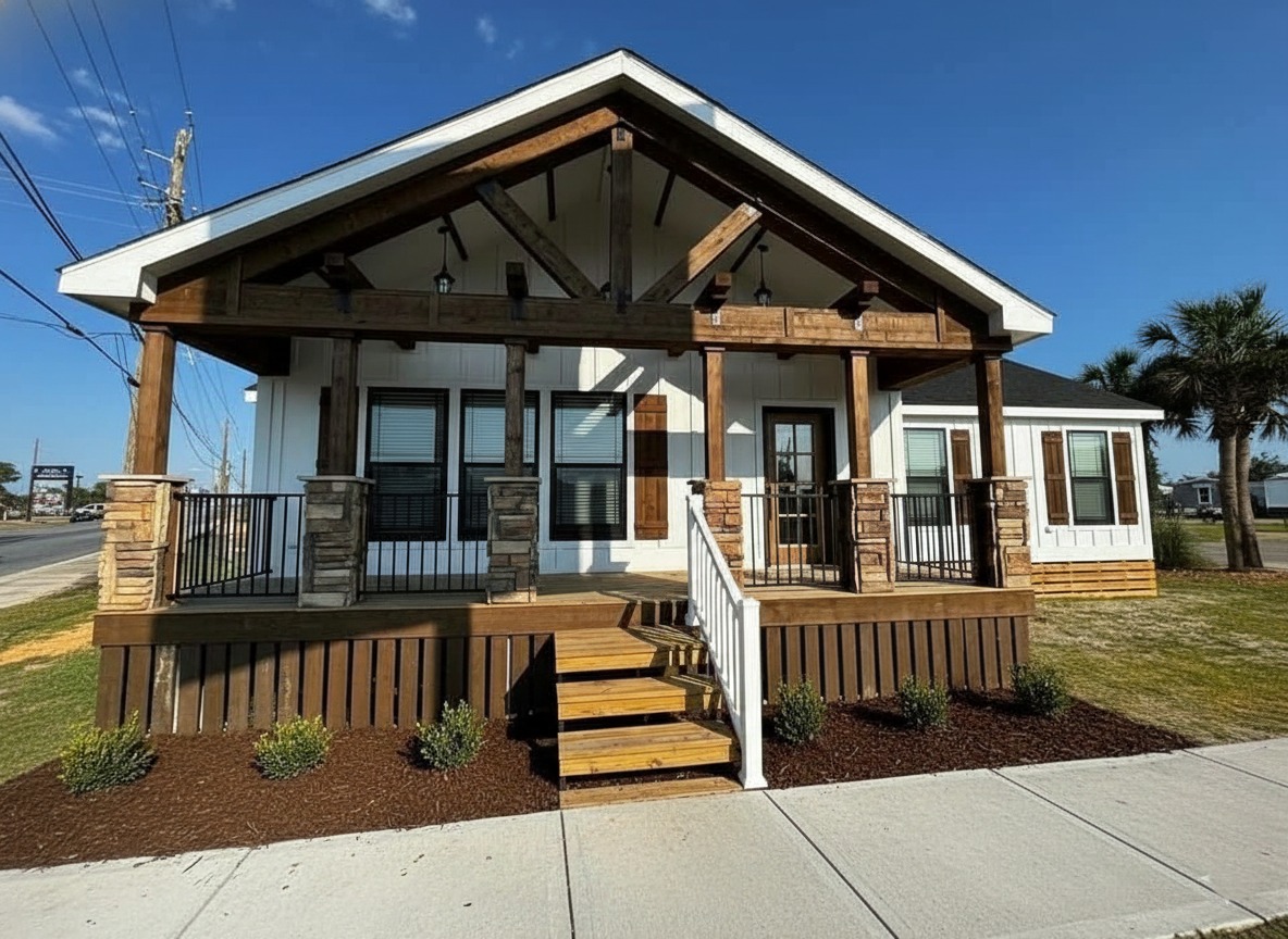 Wooden house with a wide porch and stone accents under a bright blue sky. Steps lead to the entrance, surrounded by small shrubs and pavement.