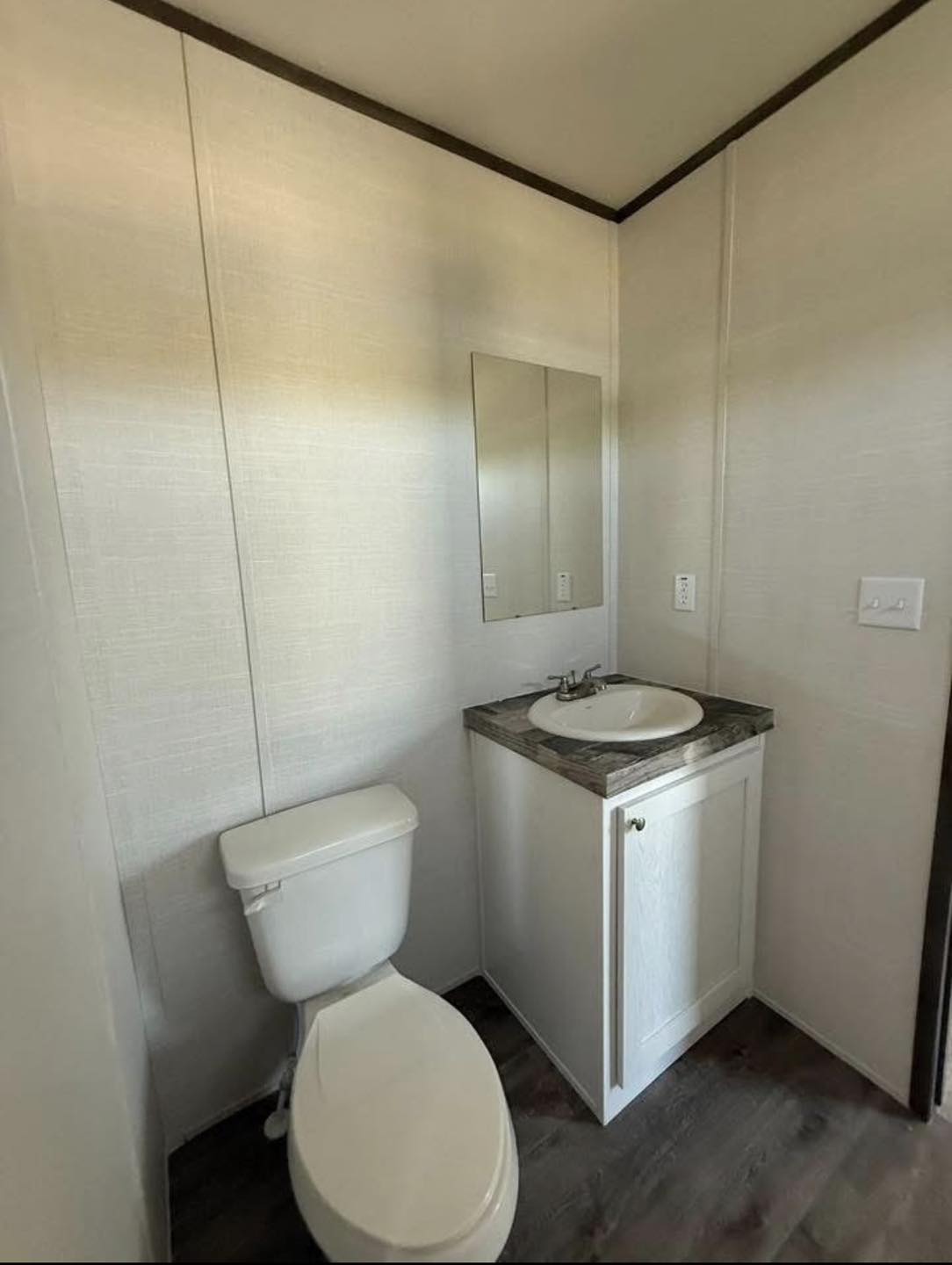 A small bathroom with a white toilet and a corner vanity. The vanity has a marbled countertop, an oval sink, and a rectangular mirror above. The walls are light-colored.