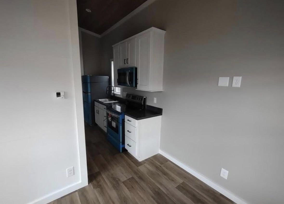 Compact modern kitchen with white cabinets, dark countertops, and stainless steel appliances. Wood flooring and neutral gray walls create a minimalist feel.