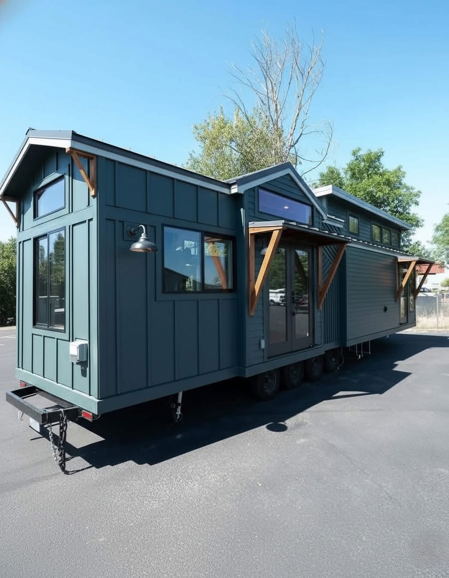 Modern tiny house on wheels, painted dark blue with wooden accents. Large windows and gable roof, set in a sunny outdoor area with trees nearby.