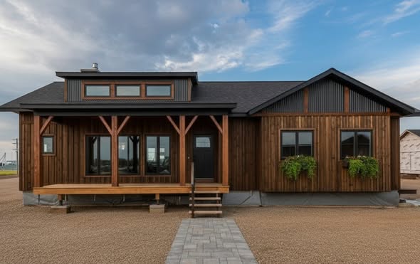 A rustic wooden house with a gabled roof and small porch. It features large windows, lush green plants, and a cloudy sky, creating a serene atmosphere.