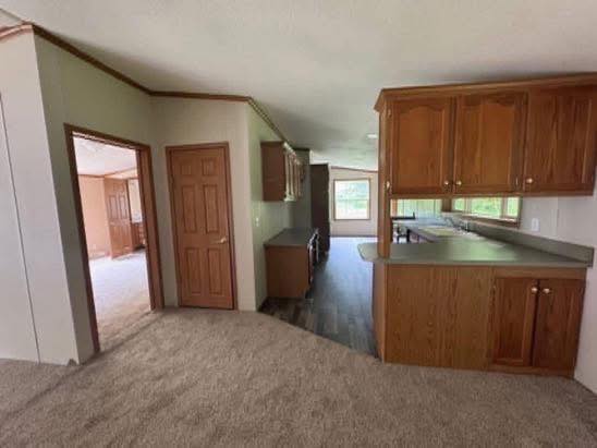 A spacious room with beige carpet and green walls features a doorway to another carpeted room. The kitchen has wood cabinets, grey countertops, and dark flooring, creating a warm, cozy atmosphere.