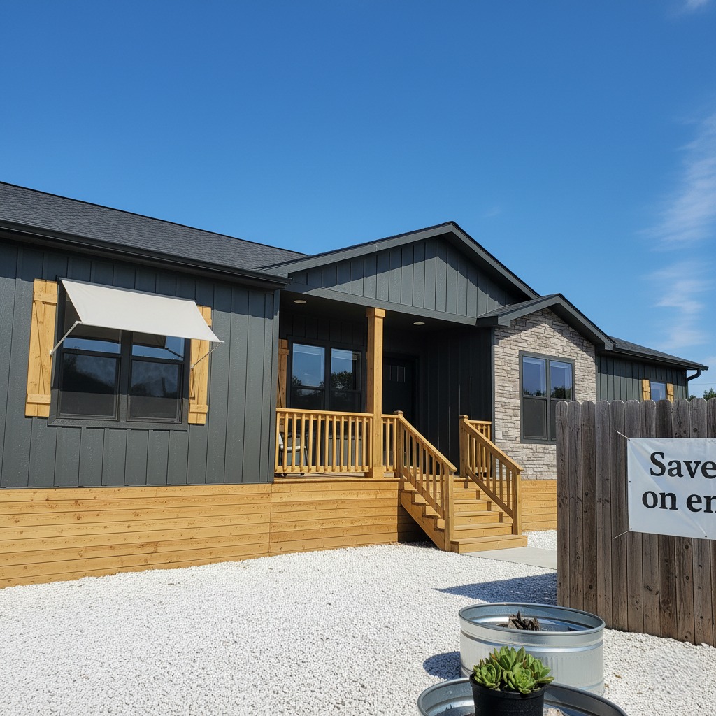 Modern modular home with dark siding, wooden accents, and a stone facade. It features a small porch. Bright day, clear blue sky.