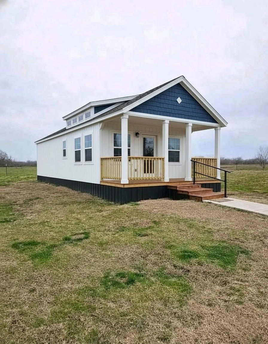 Small white house with a blue gable roof and front porch, situated on a grassy field under a cloudy sky. The setting feels serene and inviting.