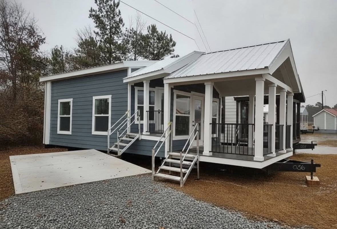 A small, modern prefab home with blue siding and white trim, featuring a covered porch with railings and steps. Surrounding area is gravel and trees.