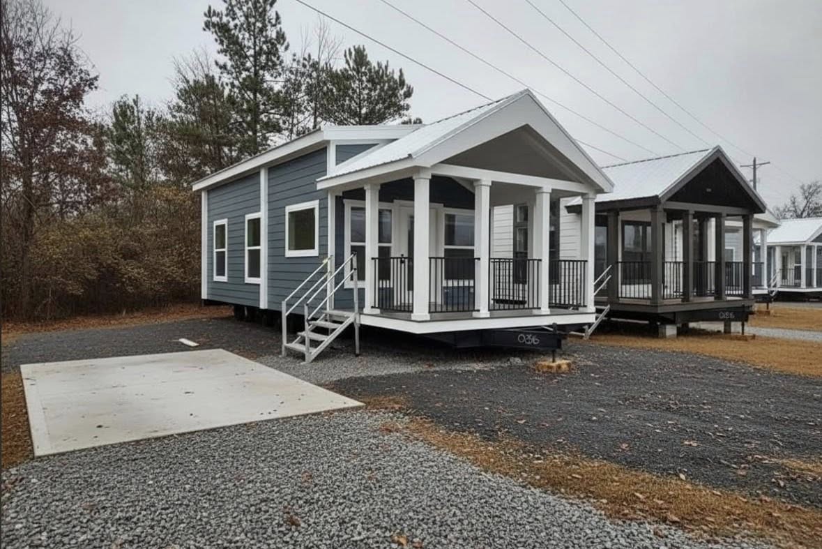 A small, blue and white tiny house with a front porch sits on a gravel lot. Surrounded by trees, the scene feels cozy and inviting despite overcast skies.