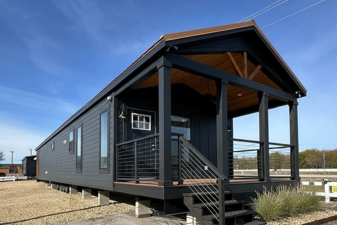 Modern black tiny house on raised platform with a wooden porch and cable railing, set against a clear blue sky. Gravel and sparse grass in foreground.