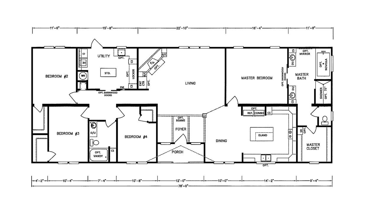 Floor plan of a house featuring four bedrooms, a spacious living room, dining area, kitchen with island, utility room, and master suite with bath.