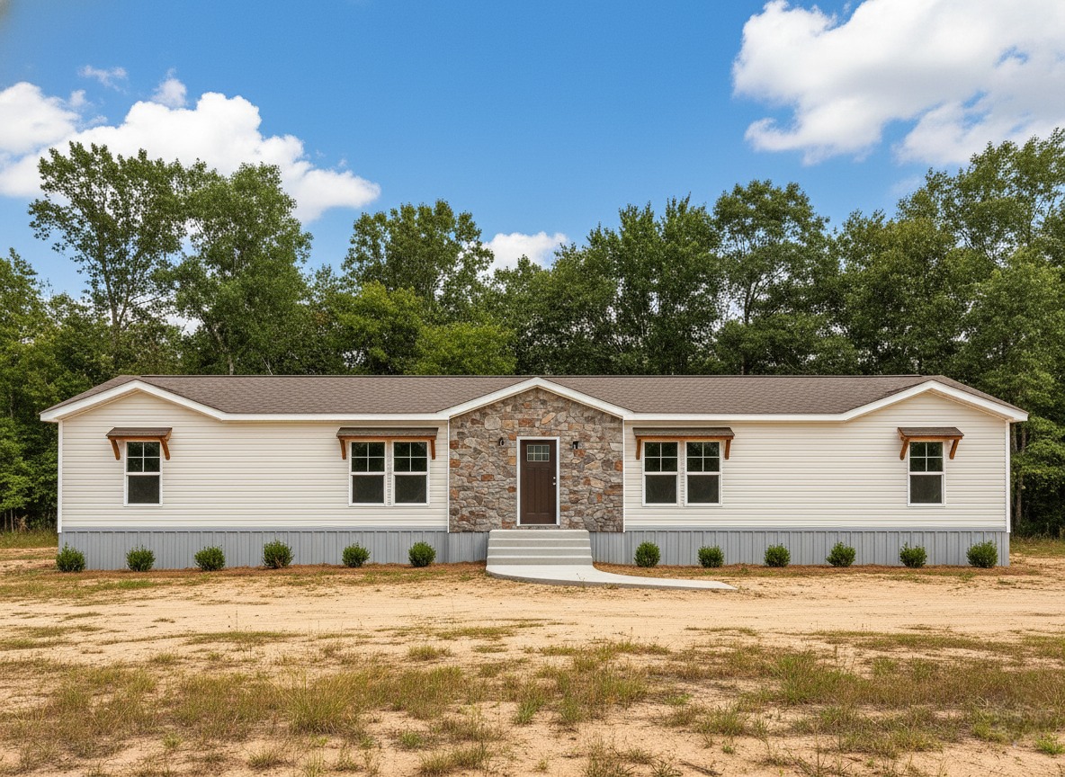 A single-story manufactured home with a stone façade section, flanked by white siding and framed windows. It's set against trees under a blue sky.