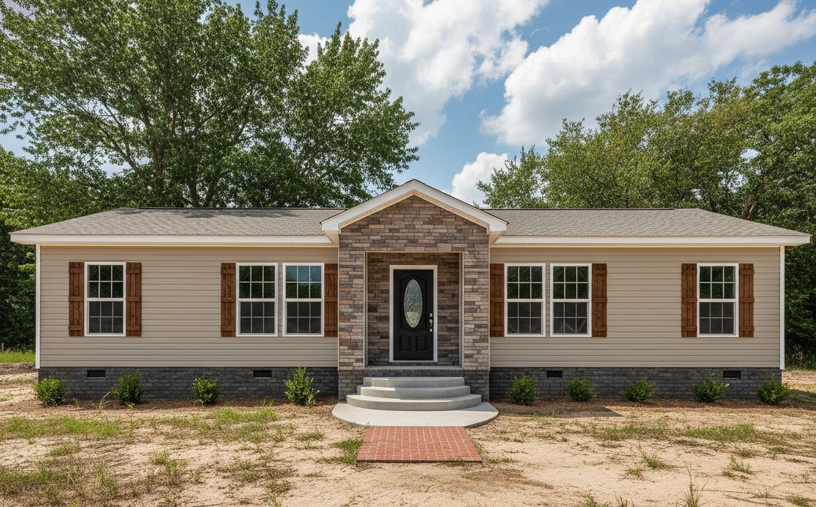 Single-story house with light siding, stone accents, and a black front door. Surrounded by trees, under a partly cloudy sky, evoking tranquility.