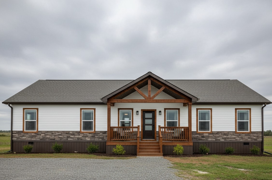 Single-story house with a dark gray roof, white siding, and stone accents. Features wooden gabled porch, symmetrical windows, set against a cloudy sky.