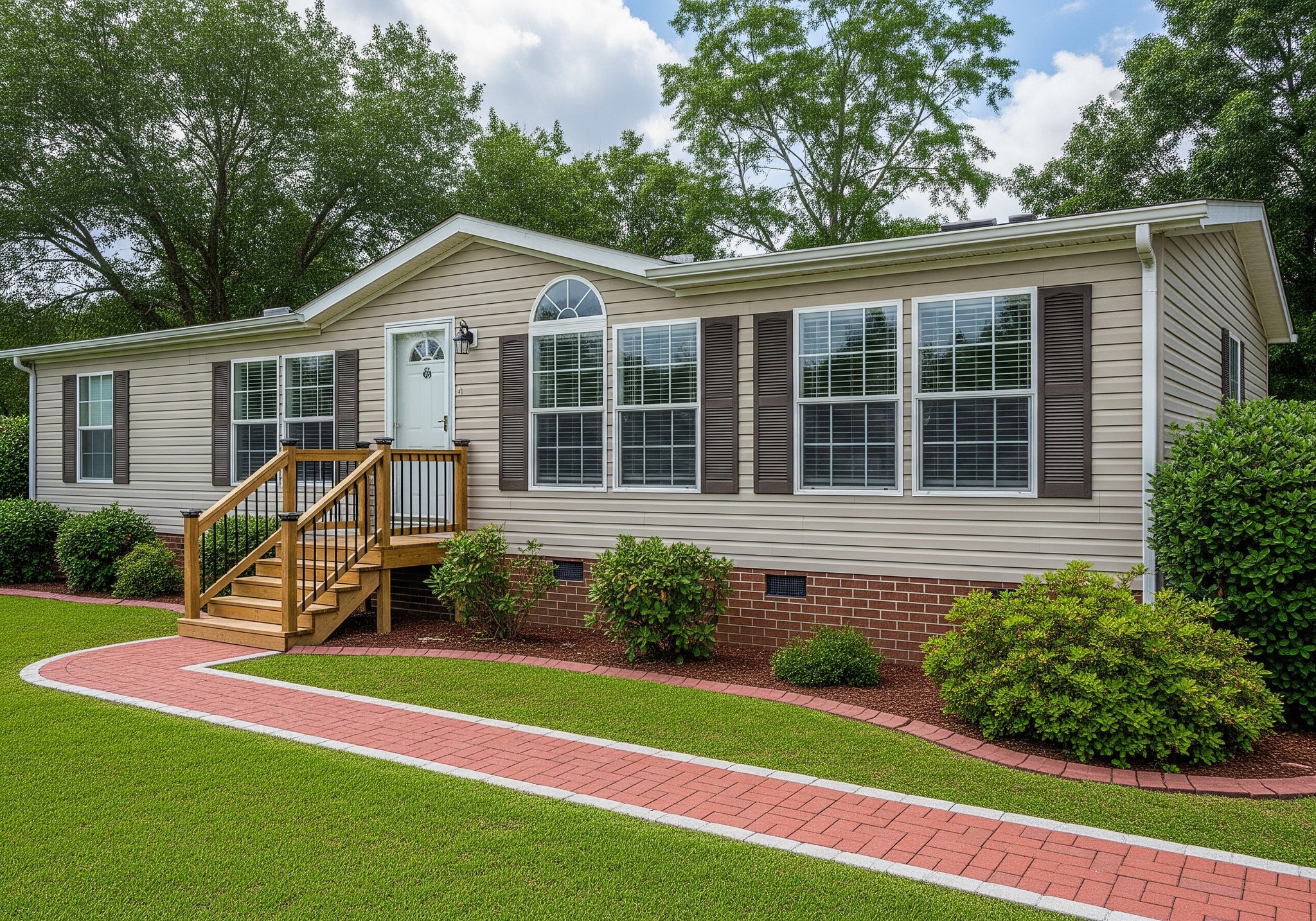 A beige mobile home with white trim and dark shutters sits surrounded by greenery. Brick steps lead to the door, and a red brick path curves through the lawn.