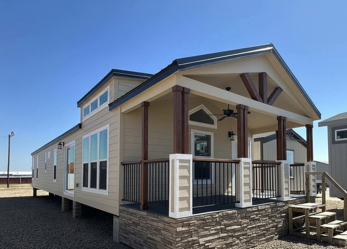 Alt text: A modern beige manufactured home with a pitched roof and large windows sits on a gravel lot. It features a front porch with wooden columns and steps, exuding a welcoming and cozy atmosphere under a clear blue sky.