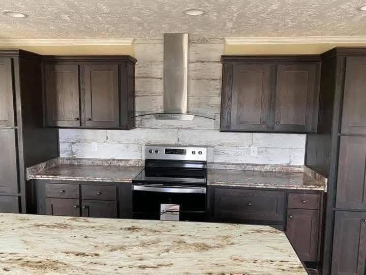 Modern kitchen with dark wooden cabinets, a stainless steel oven, and a range hood set against whitewashed wood paneling. Marble countertops add elegance.